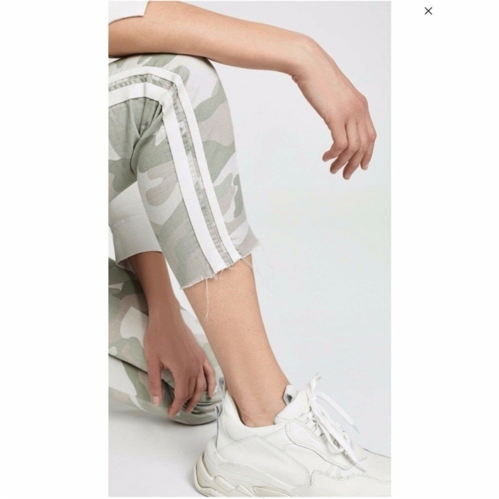 Mother Camo Racer Stripe Fringe Hem Cream Green Straight Leg Cropped Pants 26 - Picture 4 of 15